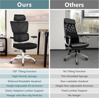 Winrise Office & Gaming Chair, High Back Ergonomic Reclining Desk Chair, Big & Tall, Comfy Home Office, Breathable Mesh, Adjustable Armrests (White)