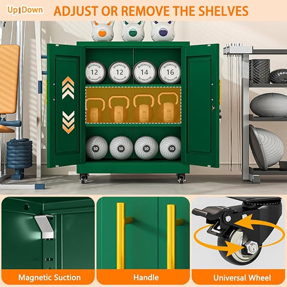 Rolling Metal Tool Storage Cabinet with Doors and Adjustable Shelves, Small Locking Garage Storage Cabinet, Green Steel Tool Cabinets with Wheels for Garage, Basement, Office, Utility Room