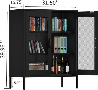 Washsemba Metal Storage Cabinet with Mesh Doors and Shelves,Multipurpose Storage Rack, 3-Tier Office Cabinet,Metal Locker Style Accent for Home Office,Living Room,Kitchen (Black-mesh, 40''H)