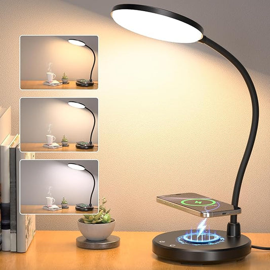 Desk Lamp for Home Office, Small Desk Lamp with Wireless Charger, Dimmable 3 Color Modes Study Lamp, Adjustable Neck 800LM Eye-Caring Desk Light, Bedside, College Dorm, Adapter Included