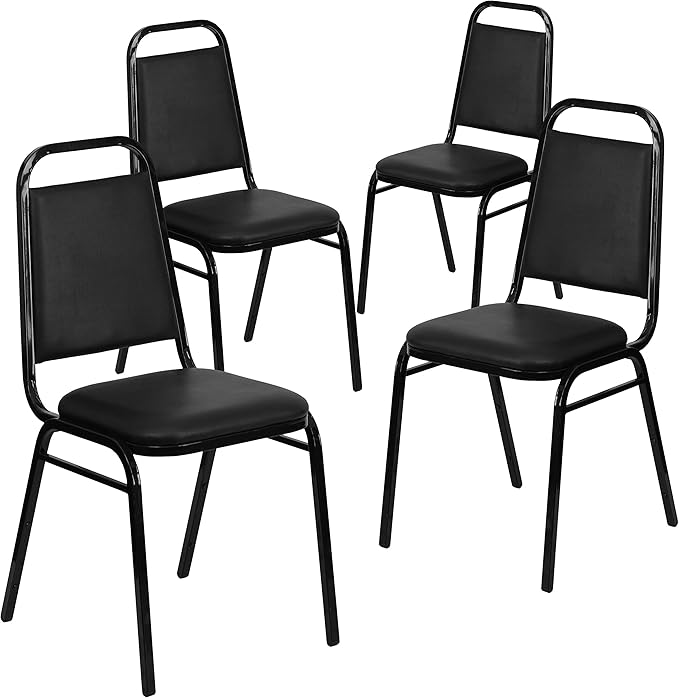 Flash Furniture Hercules Series Trapezoidal Vinyl Banquet and Event Chairs, Commercial Event Chairs with Padded Seats and Backs, Set of 4, Black