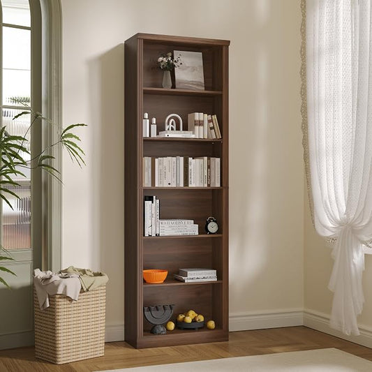 Thacuok 75" Tall Bookshelf & Bookcase, 6-Tier Adjustable Storage Shelves, Book Shelf with Anti-Tipping Device, Floor Standing Modern Display Rack for Living Room, Bedroom, Office, Walnut