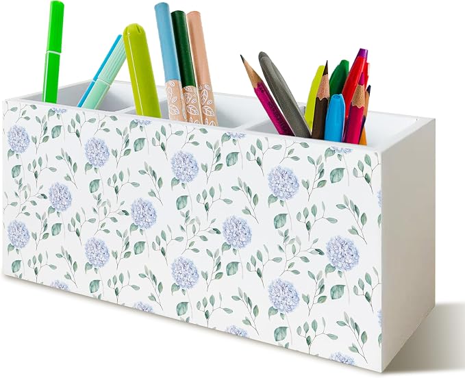 Grandmillennial Blue Hydrangea Pen Pencil Holder Organizer for Desk, Blue and White Chinoiserie Floral Botanical Wooden Box Block Sign for Home Office Tabletop Decor