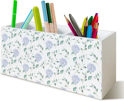 Grandmillennial Blue Hydrangea Pen Pencil Holder Organizer for Desk, Blue and White Chinoiserie Floral Botanical Wooden Box Block Sign for Home Office Tabletop Decor
