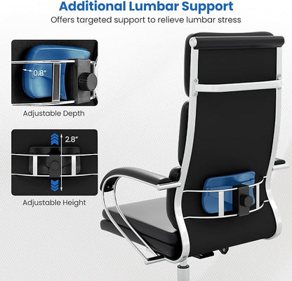 Giantex Ribbed Office Chair, High Back Ergonomic Desk Chair with Wheels & Rocking Function, Swivel Leather Desk Chair w/Arms & Removable Lumbar Support & Seat Cushions, Modern Executive Chair, Black