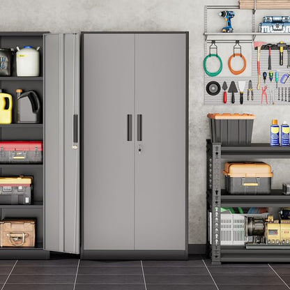 INTERGREAT Storage Cabinet with Doors and Shelves, Metal Garage Storage Cabinets with Lock, Lockable Steel Supply Cabinet for Home Office, Warehouse (Black Grey)