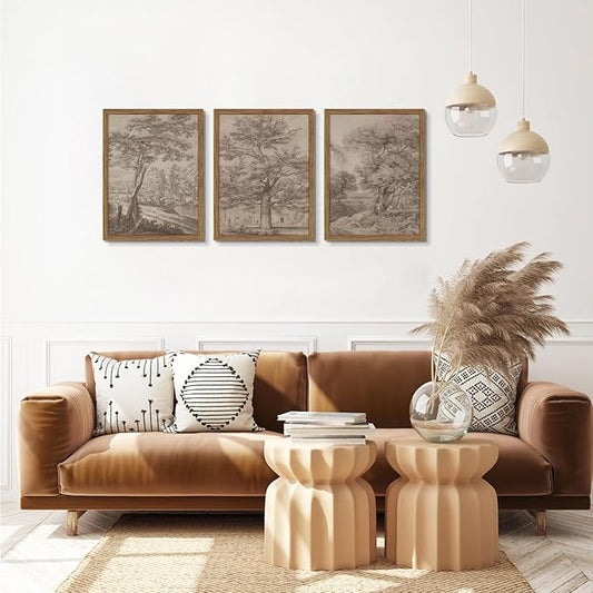 Vintage Landscape Framed Wall Art Set of 3, Neutral Nature Wabi Sabi Canvas Wall Decor Painting, Rustic Retro Botanical Tree Artwork Prints Pictures for Farmhouse Living Room Bedroom 16x24 Inch