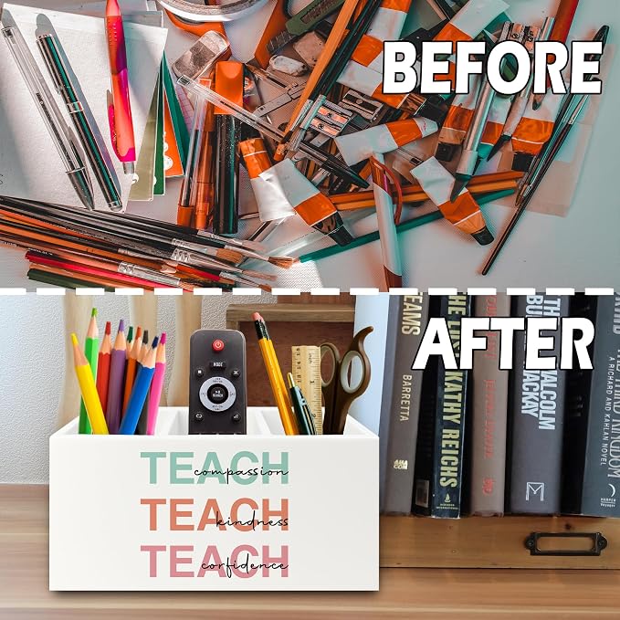 Teacher Pen Pencil Holder Organizer for Desk, Teacher Appreciation Gifts, Teach Compassion Kindness Confidence Wooden Box Sign for Classroom Office Workplace Desk Tabletop Decorations