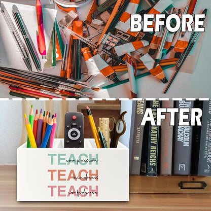 Teacher Pen Pencil Holder Organizer for Desk, Teacher Appreciation Gifts, Teach Compassion Kindness Confidence Wooden Box Sign for Classroom Office Workplace Desk Tabletop Decorations