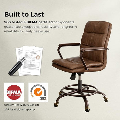 EUREKA ERGONOMIC Mid-Century Vintage Office Chair, Faux Leather Executive Desk Chair with Unique Ball Casters and Fixed Footrest Ring, Brown Retro Swivel Chair for Home Office and Study, Brown
