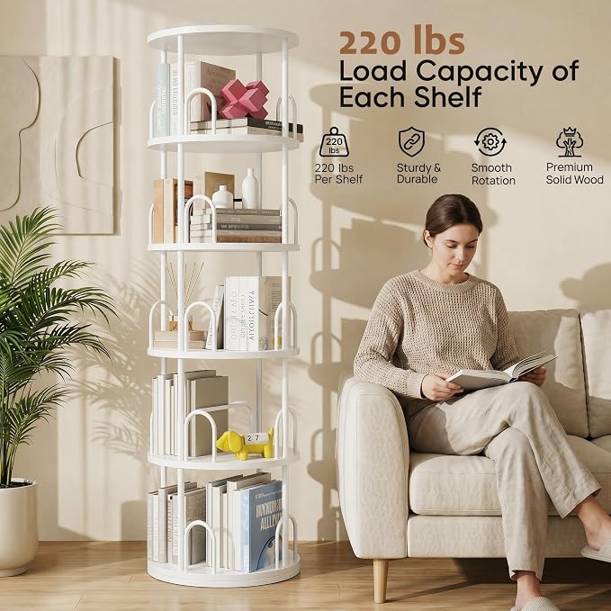 5 Tier Rotating Bookshelf, Corner Wooden, Metal Skinny Bookshelf for Toy Lego Dispaly Book Shelf Room Storage Organizer Furniture White Tall Bookcase for Bedroom Living Room Office Kitchen Shelf