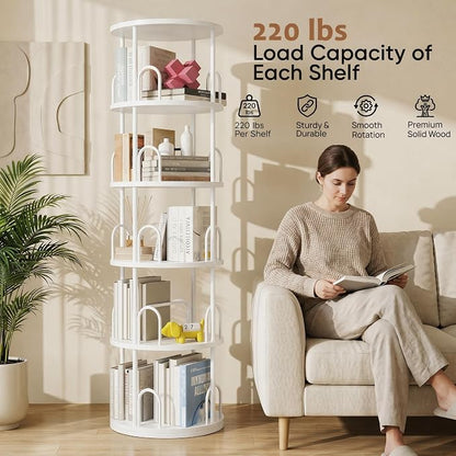 5 Tier Rotating Bookshelf, Corner Wooden, Metal Skinny Bookshelf for Toy Lego Dispaly Book Shelf Room Storage Organizer Furniture White Tall Bookcase for Bedroom Living Room Office Kitchen Shelf