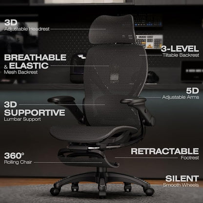 ELABEST X100 Ergonomic Mesh Office Chair with Footrest, Big and Tall Home Desk Chair with 5D Flip-Up Arms, Adjustable 3D Lumbar Support, Gaming & Executive Computer Chair, Night Reaper