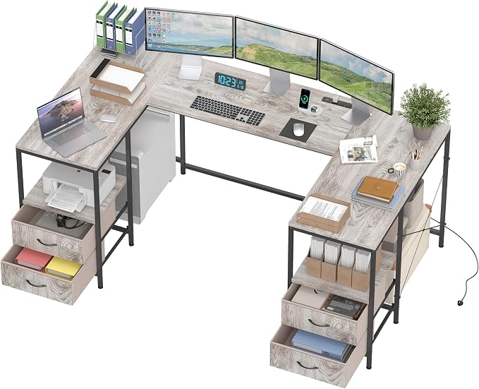 YOSHOOT 67" U Shaped Computer Desk, Reversible L Shaped Gaming Desk | Corner Desk with Power Outlets, 4 Drawers, 2 Storage Shelf, Computer Table with 4 Installation Methods, Grey