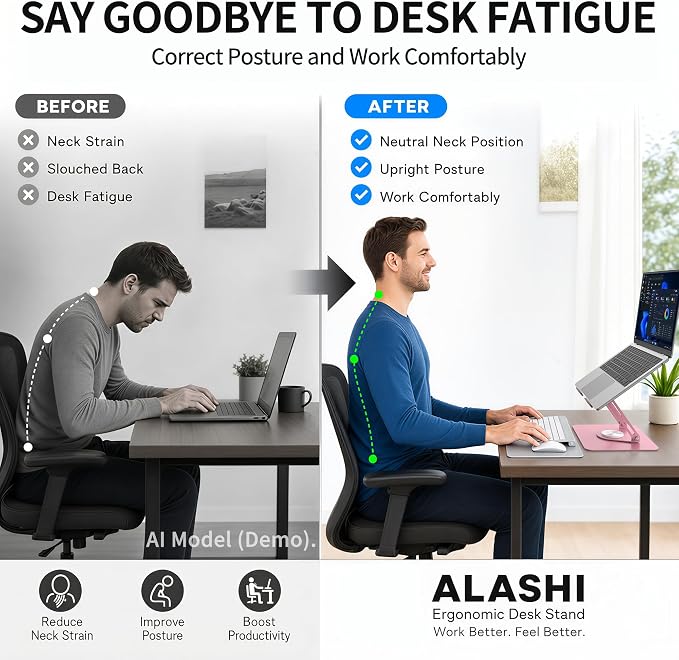ALASHI Laptop Stand for Desk with 360° Rotating Base, Multi-Angle Adjustable Laptop Stands, Foldable Laptop Riser Compatible with 10 to 17 Inches PC Computer, Pink