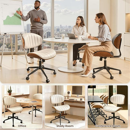 ovios Home Office Chair with Wheels, Modern PU Leather Swivel Computer Desk Chair, Mid Back Adjustable Height Armless Walnut Chairs for Office (White Stripes)