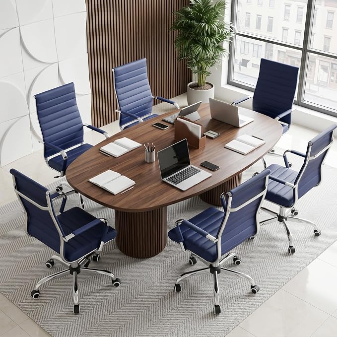 Home Office Chair Ribbed,Modern Leather Conference Room Chairs,Ergonomic Office Desk Chair, High Back Executive Computer Chair, Adjustable Swivel Chair with Arms (Blue)
