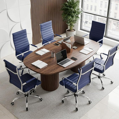 Home Office Chair Ribbed,Modern Leather Conference Room Chairs,Ergonomic Office Desk Chair, High Back Executive Computer Chair, Adjustable Swivel Chair with Arms (Blue)