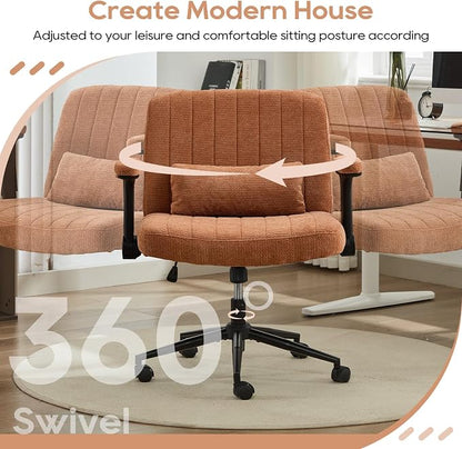 IPKIG Criss Cross Chair with Adjustable Flip-up Arms, Vanity Chair with Wheels, Comfy Desk Chair with Lumbar Pillow Swivel Wide Office Chair for Home Office, Bedroom, Chenille, Orange