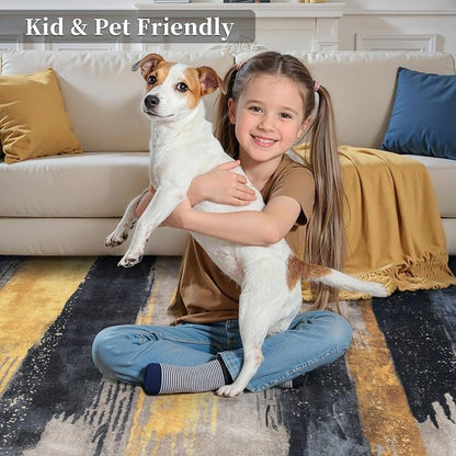 Ciicool Modern Abstract Black Gold Rug for Living Room, 6'x9' Machine Washable Area Rug Non-Slip Rug, Low-Pile Contemporary Indoor Dining Floor Carpet for Bedroom Office Under Table Home Decor
