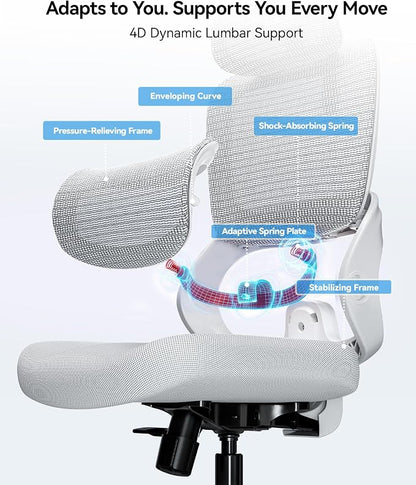 SIHOO B100 SE Office Chair, Soft Memory Foam Desk Chair with Adaptive Lumbar Support & 2D Flip-up Armrests, 135° tilt Computer Chair for Home Office, White