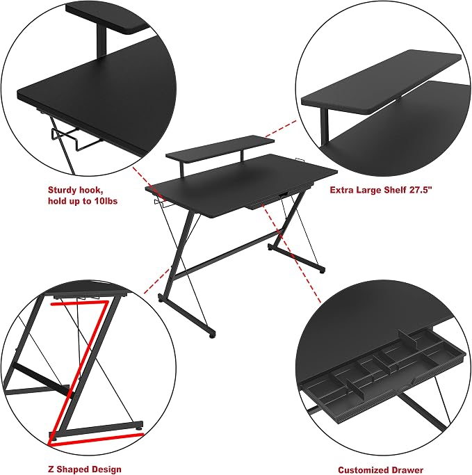 SHW 40-Inch Gaming Desk with Monitor Riser, Drawer and Hooks, Black