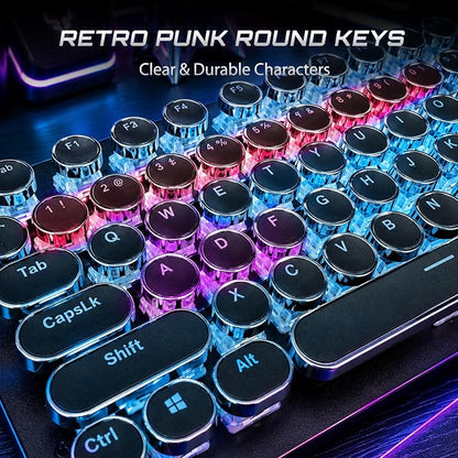 RK ROYAL KLUDGE S108 Typewriter Mechanical Keyboard, Wired Gaming Keyboard with Number Pad, Full Size Retro Keyboards w/Detachable Wrist Rest for Mac/Win/PC, Clicky Blue Switch, Rainbow Backlit Black