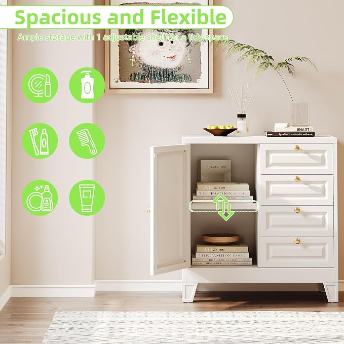 Bathroom Storage Cabinet with 4 Drawers,Metal Bathroom Floor Cabinet with Door and Shelves,Toilet Paper Storage Cabinet for Bathroom,Home,33" H x 31.5" W x 15.75" D,White