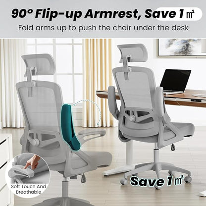Fizzin Office Chair, Ergonomic Office Chair with Adjustable Headrest Lumbar Support Computer Chair, 400 lbs Desk Chair Comfy with Flip-up Armrests - Gaming Chairs for Adults Home Office (Gray)