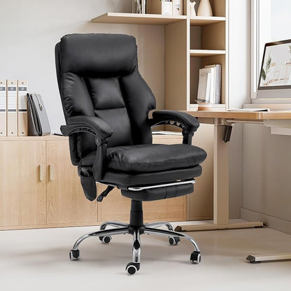 HOMREST Ergonomic Office Chair, PU Leather Black | 6-Point Massage & Heating, Adjustable Executive Desk Chair, Retractable Footrest, Dual-Layer Soft Cushion