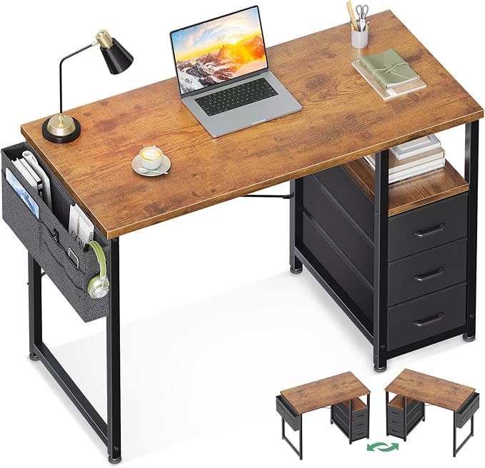 AODK 40 Inch Small Computer Desk with Fabric Drawers, Kids Study Desk for Bedroom, Home Office Desk with Storage Shelf & Bag for Small Space, Vintage