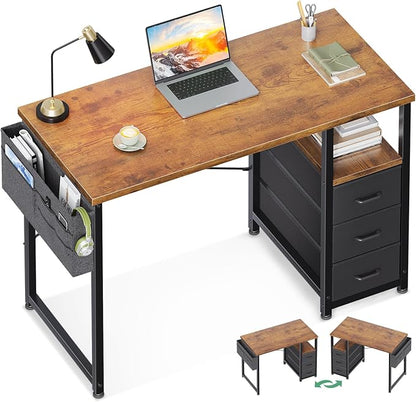 AODK 40 Inch Small Computer Desk with Fabric Drawers, Kids Study Desk for Bedroom, Home Office Desk with Storage Shelf & Bag for Small Space, Vintage