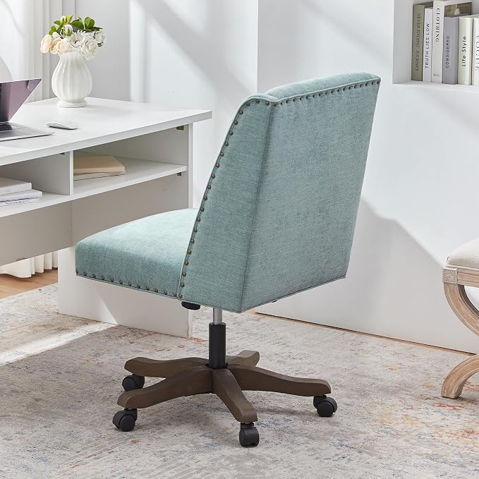 Zihanhome Armless Office Chair with Wooden Legs, Modern Adjustable Upholstered Home Office Desk Chair No Arms Sewing Chair Swivel Chair for Home Office Study Studio (Teal)