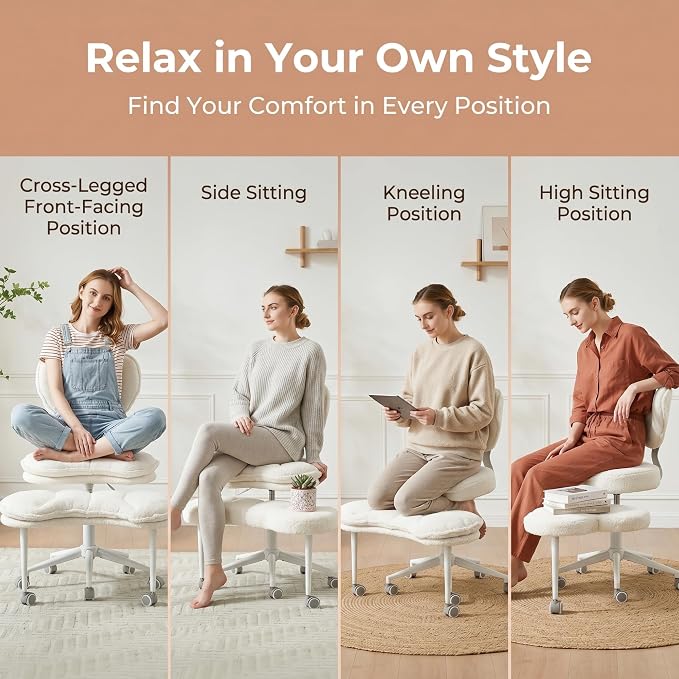 Cross Legged Office Chair with Wheels, 360 Swivel Height-Adjustable Double-Layer Padding Criss Cross Meditation Chair with Lumbar Support, Artificial Rabbit Hair Fabric, Ivory