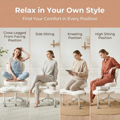 Cross Legged Office Chair with Wheels, 360 Swivel Height-Adjustable Double-Layer Padding Criss Cross Meditation Chair with Lumbar Support, Artificial Rabbit Hair Fabric, Ivory