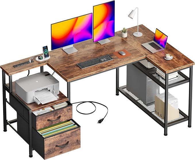 Korfile 49 Inch L Shaped Gaming Desk with Power Outlets and Type-C Port, Reversible Computer Office Desk with 2 Fabric Drawers & Mesh Shelves, Corner Desk for Study Work Writing Desk,Rustic Brown