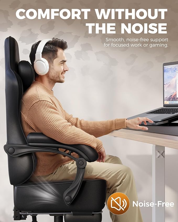 GTPLAYER Big and Tall Gaming Chair with Footrest, Ergonomic Office Desk Chair with 4.4in Thick Cushion and Wide Wingless Seat, Comfortable Leather Computer Chair, Predator Series, Black with Trim
