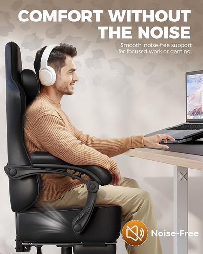 GTPLAYER Big and Tall Gaming Chair with Footrest, Ergonomic Office Desk Chair with 4.4in Thick Cushion and Wide Wingless Seat, Comfortable Leather Computer Chair, Predator Series, Black with Trim