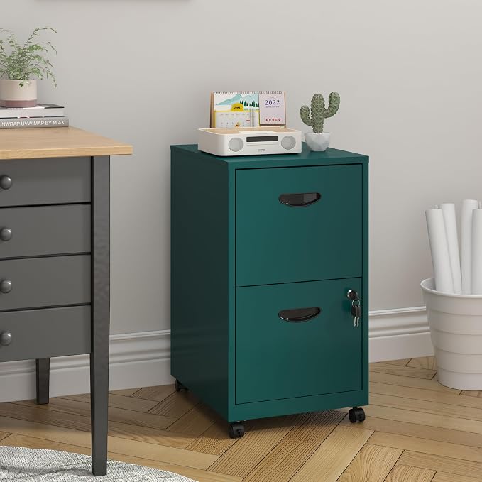 UNICOLY 2 Drawer File Cabinet with Lock, Filing Cabinets with Wheels, Rolling File Cabinets for Home Office, Metal Office File Cabinet, Mobile Filing Cabinet for Holding Letters and File Boxes, Green
