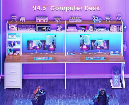 SEDETA L Shaped Gaming Desk with Storage Drawers and Hutch, Convertible 94.5" Computer Desk with Drawers, Corner Computer Desk with Power Outlet, LED Lights, Pegboard for Home Office, White and Brown