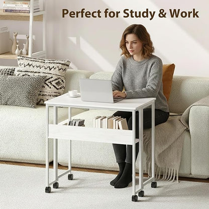 Folding Desk with Storage Shelf, 31.5 Inch Foldable Computer Table with Wheels for Small Spaces,Space Saving Sofa Table for Couch, Rolling Writing Work Office Computer Desk, Easy to Fold,White