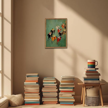 Framed Vintage Abstract Wall Art, Retro Horse Racing Scene Poster Prints, Modern Classic Equestrian Canvas Artwork, Energetic Vibrant Sports Wall Decor for Living Room Office Game Room 12x16in