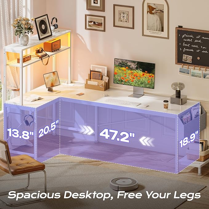 PRAISUN L Shaped Gaming Desk with LED Lights & Power Outlets, Reversible Computer Desk with Storage Shelves & Bag, Large Corner Home Office Desk with Pegboard for Work from Home, White
