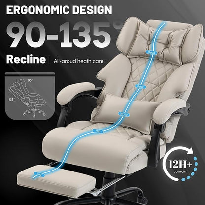 Massage Office Chair with Foot Rest,6 Points Vibration & Heat Executive Office Chairs for Heavy People,500LBS Big and Tall Office Chair,Ergonomic Reclining Desk Chair,Dual-Use Pillow,Home Office,Beige