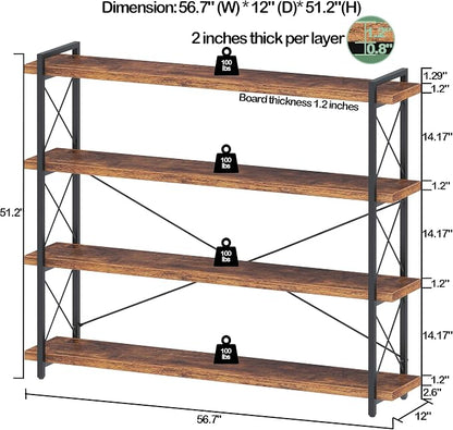 HCHQHS Large Bookshelf, 4-Tier Long Industrial Bookcase, Rustic Brown Book Shelf, Freestanding Horizontal Bookshelves with Metal Frame