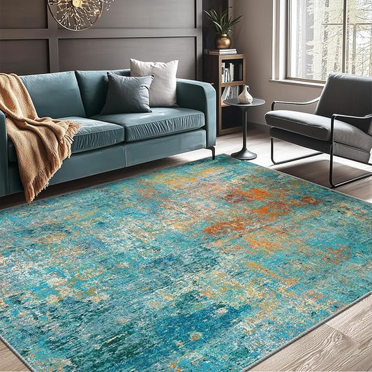RELEANY Washable Area Rugs 8'x10' Non-Slip Modern Abstract Soft for Living Room Entryway Bedroom Kitchen, Print Pattern, Teal Blue Green Orange Rust Red Coloreful