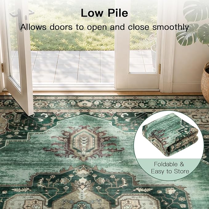 Lofus 5x7 Emerald Green Washable Rugs Non-Slip, Vintage Floral Area Rug for Living Room Bedroom Dining Room Kitchen, Low Pile Distress Print Medallion Carpet Home Decor Rug