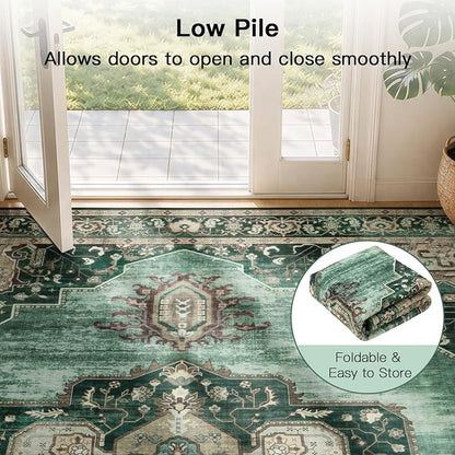 Lofus 8x10 Emerald Green Washable Rugs Non-Slip, Vintage Floral Area Rug for Living Room Bedroom Dining Room Kitchen, Low Pile Distress Print Medallion Carpet Home Decor Rug