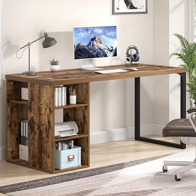 EXCEFUR Computer Desk for Home Office, Modern Writing Desk with Reversible Storage Shelves, Wood and Metal Gaming Study Table Workstations, 53 Inch, Rustic Brown
