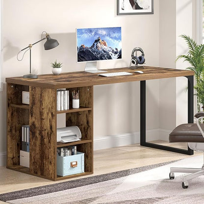 EXCEFUR Computer Desk for Home Office, Modern Writing Desk with Reversible Storage Shelves, Wood and Metal Gaming Study Table Workstations, 53 Inch, Rustic Brown
